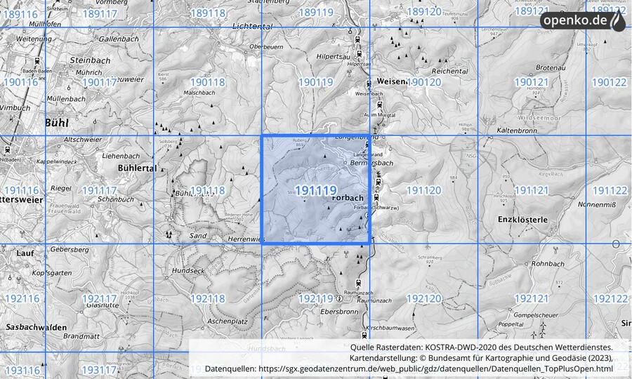 Übersichtskarte des KOSTRA-DWD-2020-Rasterfeldes Nr. 191119
