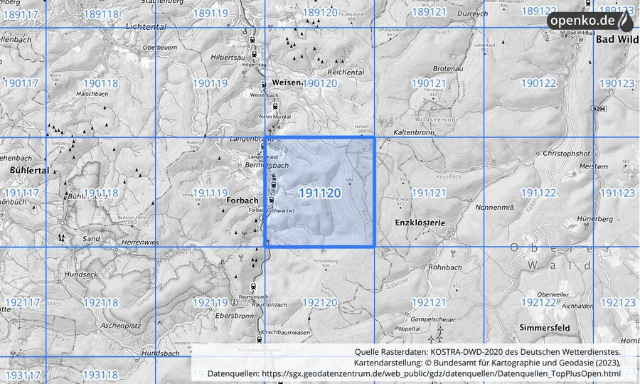 Übersichtskarte des KOSTRA-DWD-2020-Rasterfeldes Nr. 191120