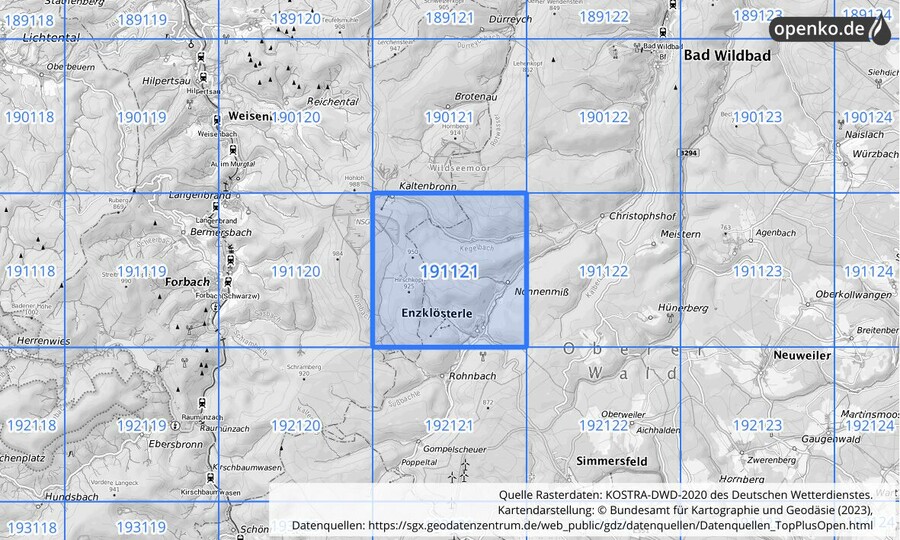 Übersichtskarte des KOSTRA-DWD-2020-Rasterfeldes Nr. 191121