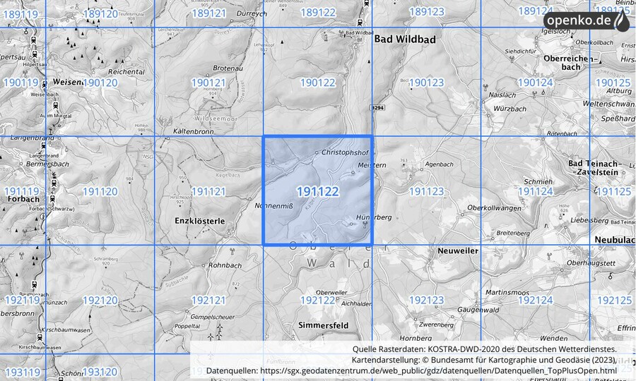 Übersichtskarte des KOSTRA-DWD-2020-Rasterfeldes Nr. 191122