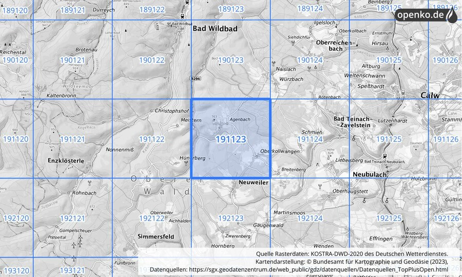 Übersichtskarte des KOSTRA-DWD-2020-Rasterfeldes Nr. 191123