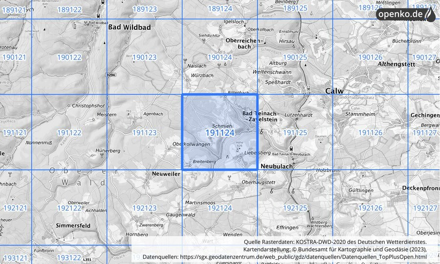 Übersichtskarte des KOSTRA-DWD-2020-Rasterfeldes Nr. 191124