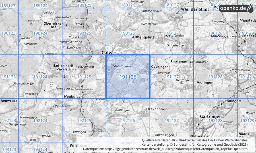 Übersichtskarte des KOSTRA-DWD-2020-Rasterfeldes Nr. 191126