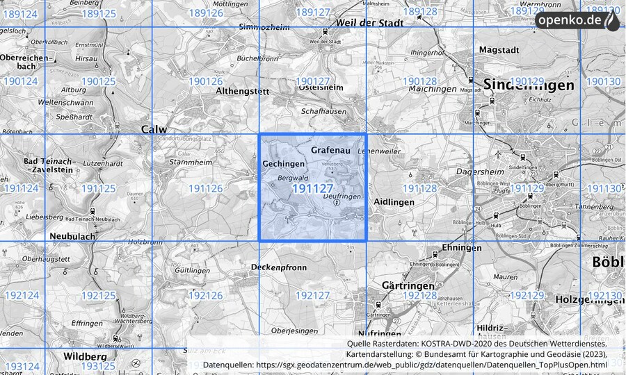 Übersichtskarte des KOSTRA-DWD-2020-Rasterfeldes Nr. 191127