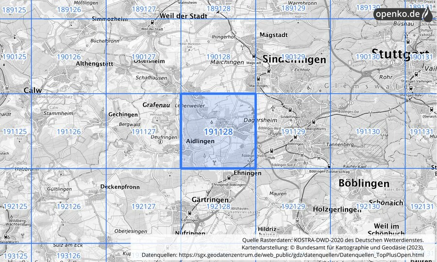 Übersichtskarte des KOSTRA-DWD-2020-Rasterfeldes Nr. 191128