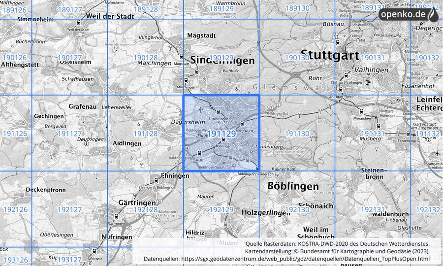 Übersichtskarte des KOSTRA-DWD-2020-Rasterfeldes Nr. 191129