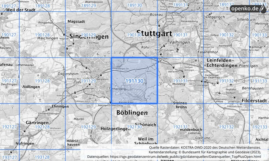 Übersichtskarte des KOSTRA-DWD-2020-Rasterfeldes Nr. 191130