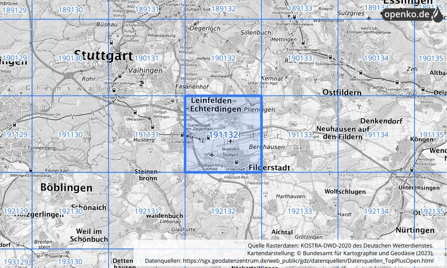 Übersichtskarte des KOSTRA-DWD-2020-Rasterfeldes Nr. 191132