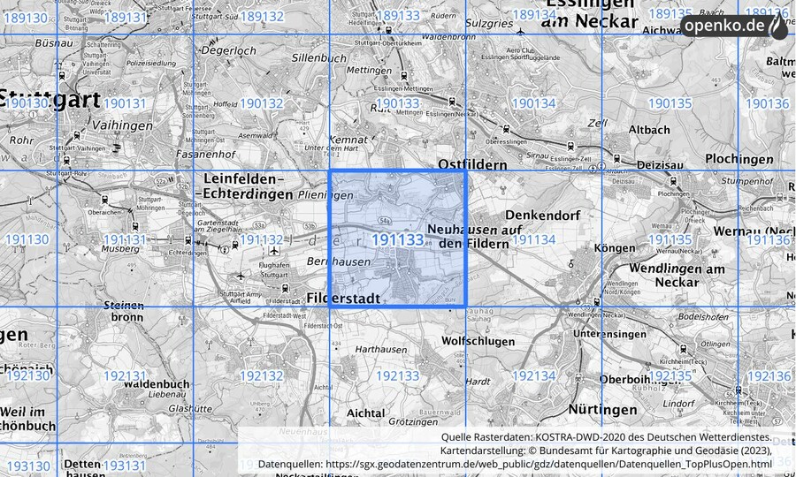 Übersichtskarte des KOSTRA-DWD-2020-Rasterfeldes Nr. 191133