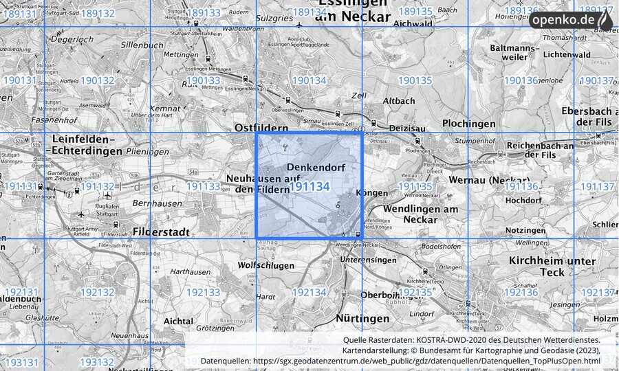 Übersichtskarte des KOSTRA-DWD-2020-Rasterfeldes Nr. 191134