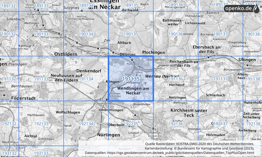 Übersichtskarte des KOSTRA-DWD-2020-Rasterfeldes Nr. 191135