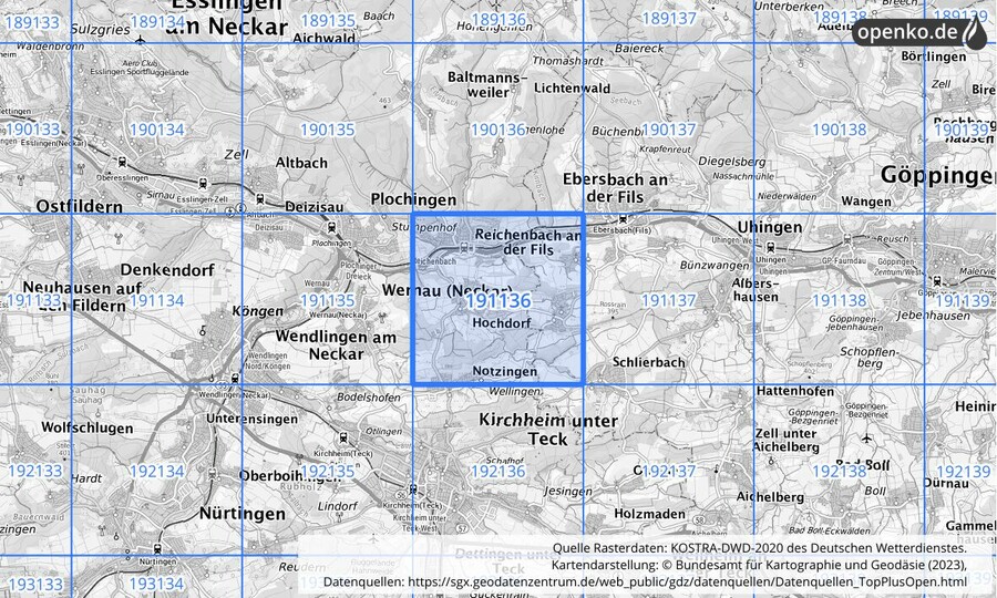 Übersichtskarte des KOSTRA-DWD-2020-Rasterfeldes Nr. 191136