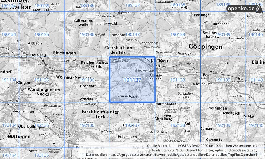 Übersichtskarte des KOSTRA-DWD-2020-Rasterfeldes Nr. 191137