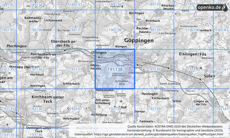 Übersichtskarte des KOSTRA-DWD-2020-Rasterfeldes Nr. 191138