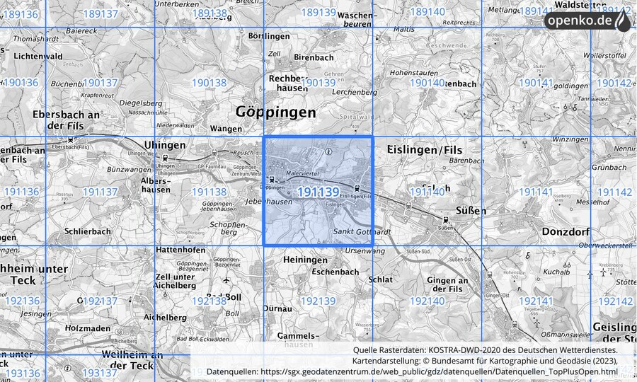 Übersichtskarte des KOSTRA-DWD-2020-Rasterfeldes Nr. 191139