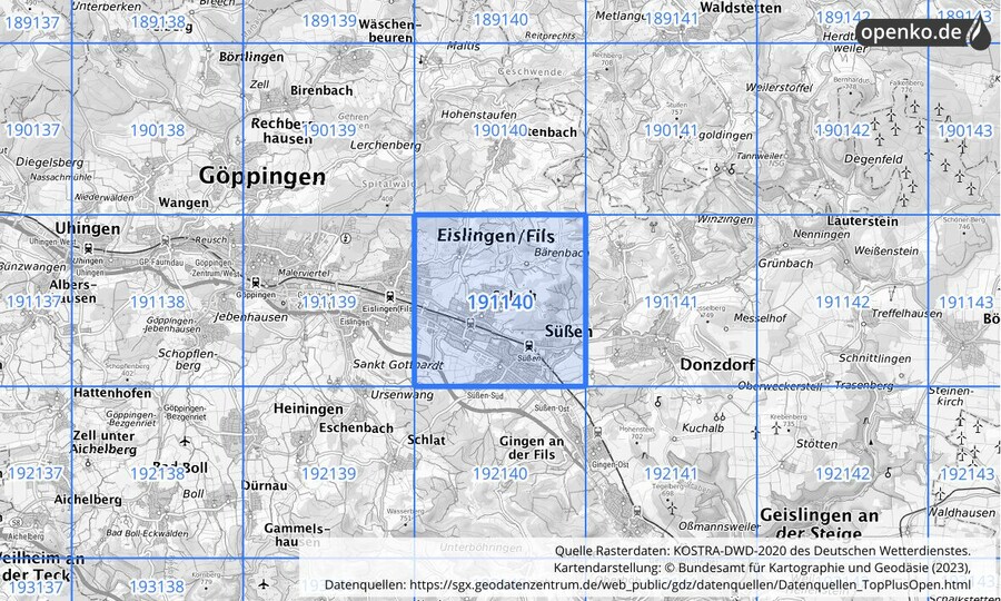 Übersichtskarte des KOSTRA-DWD-2020-Rasterfeldes Nr. 191140