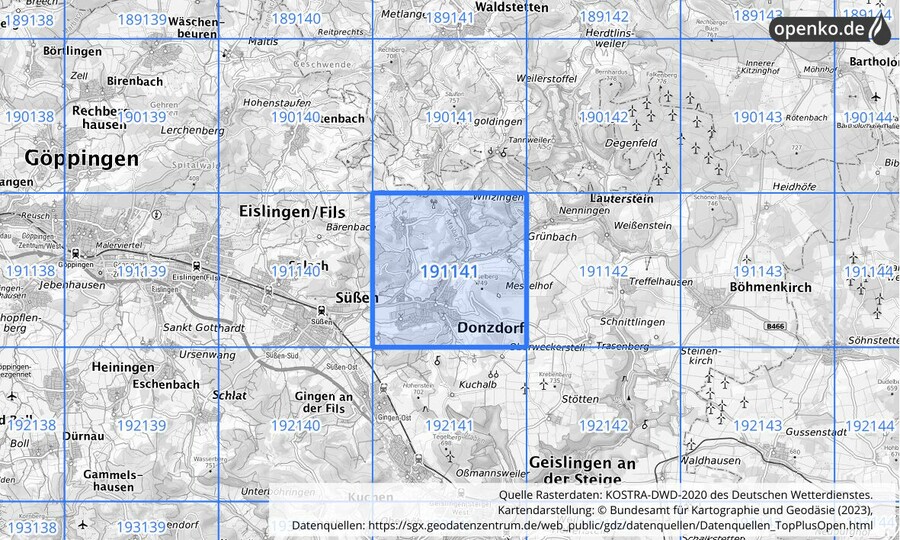 Übersichtskarte des KOSTRA-DWD-2020-Rasterfeldes Nr. 191141