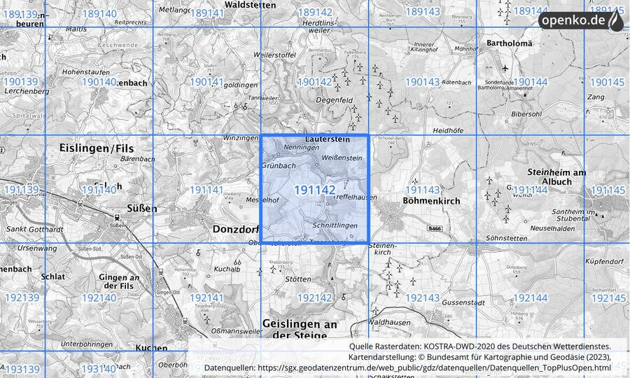 Übersichtskarte des KOSTRA-DWD-2020-Rasterfeldes Nr. 191142