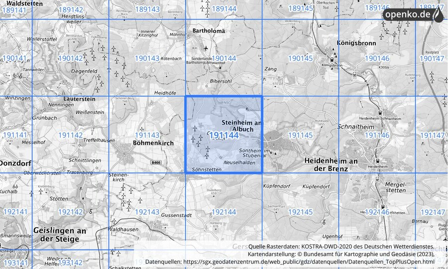 Übersichtskarte des KOSTRA-DWD-2020-Rasterfeldes Nr. 191144