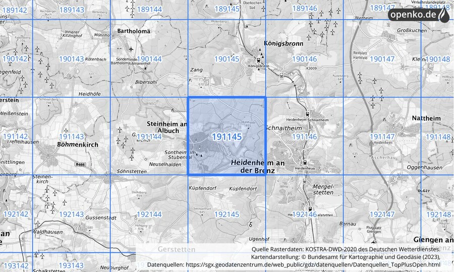 Übersichtskarte des KOSTRA-DWD-2020-Rasterfeldes Nr. 191145