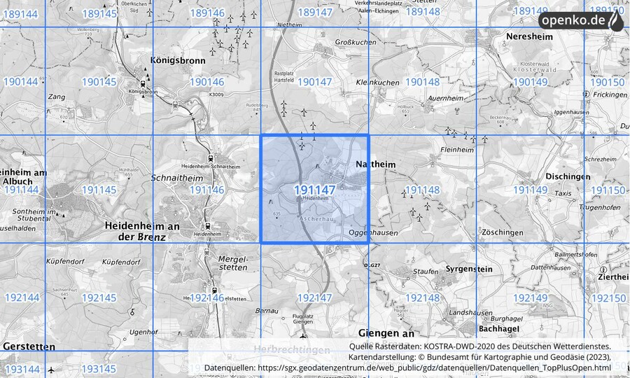 Übersichtskarte des KOSTRA-DWD-2020-Rasterfeldes Nr. 191147