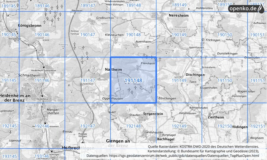 Übersichtskarte des KOSTRA-DWD-2020-Rasterfeldes Nr. 191148