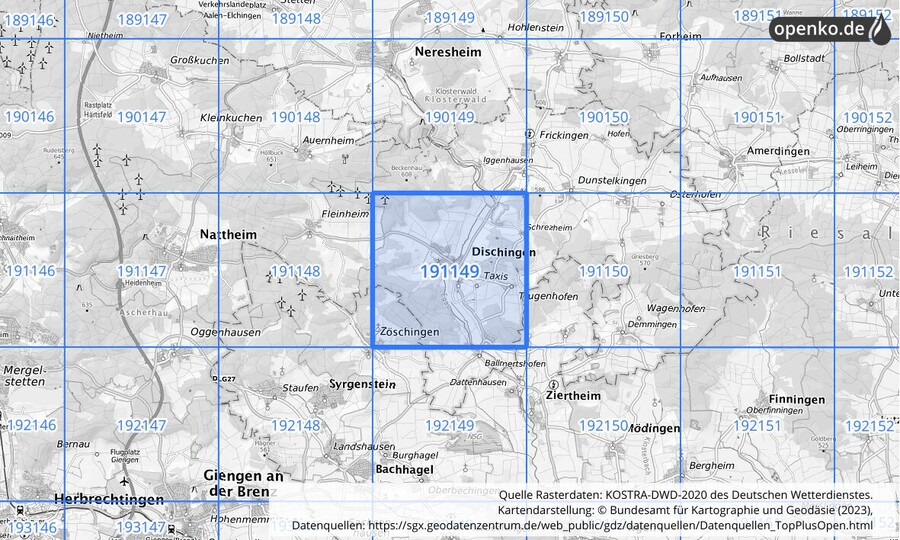 Übersichtskarte des KOSTRA-DWD-2020-Rasterfeldes Nr. 191149