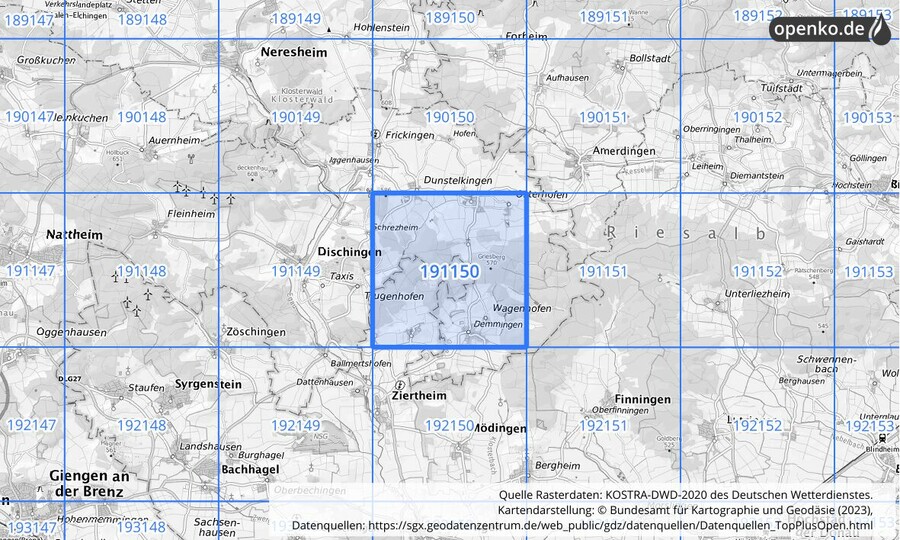 Übersichtskarte des KOSTRA-DWD-2020-Rasterfeldes Nr. 191150