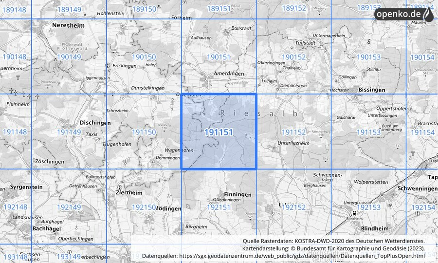 Übersichtskarte des KOSTRA-DWD-2020-Rasterfeldes Nr. 191151