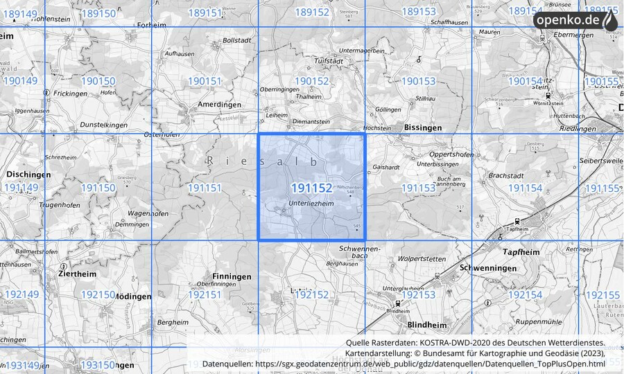 Übersichtskarte des KOSTRA-DWD-2020-Rasterfeldes Nr. 191152