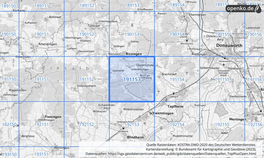 Übersichtskarte des KOSTRA-DWD-2020-Rasterfeldes Nr. 191153