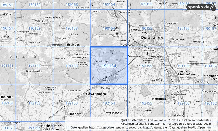 Übersichtskarte des KOSTRA-DWD-2020-Rasterfeldes Nr. 191154