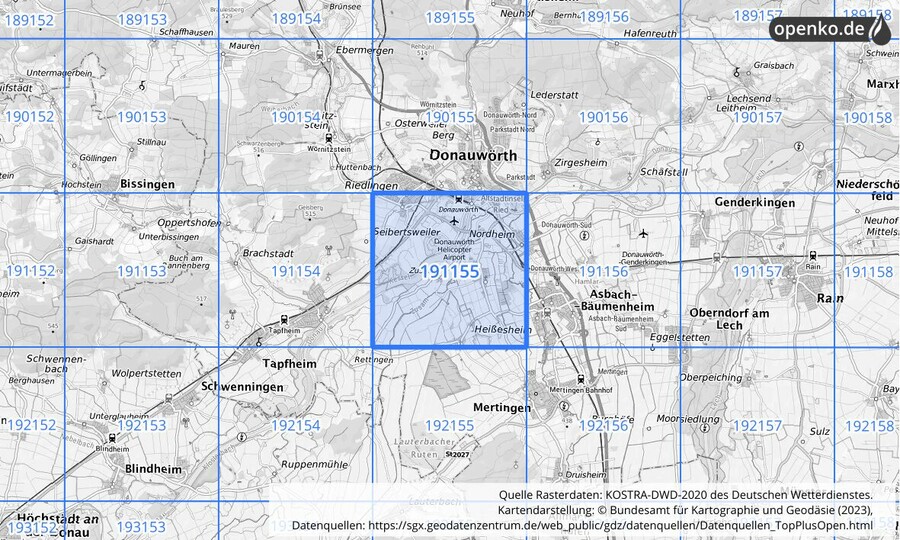 Übersichtskarte des KOSTRA-DWD-2020-Rasterfeldes Nr. 191155