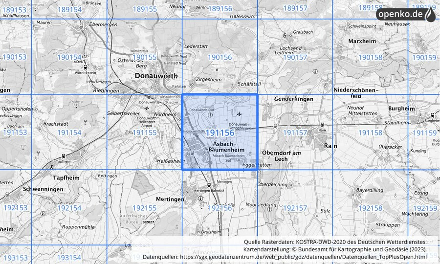 Übersichtskarte des KOSTRA-DWD-2020-Rasterfeldes Nr. 191156