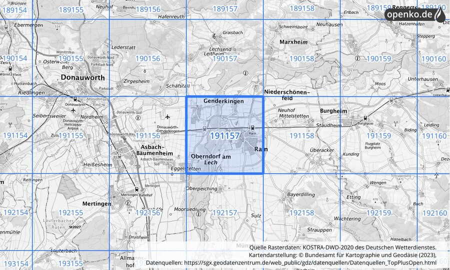 Übersichtskarte des KOSTRA-DWD-2020-Rasterfeldes Nr. 191157