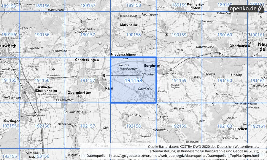 Übersichtskarte des KOSTRA-DWD-2020-Rasterfeldes Nr. 191158