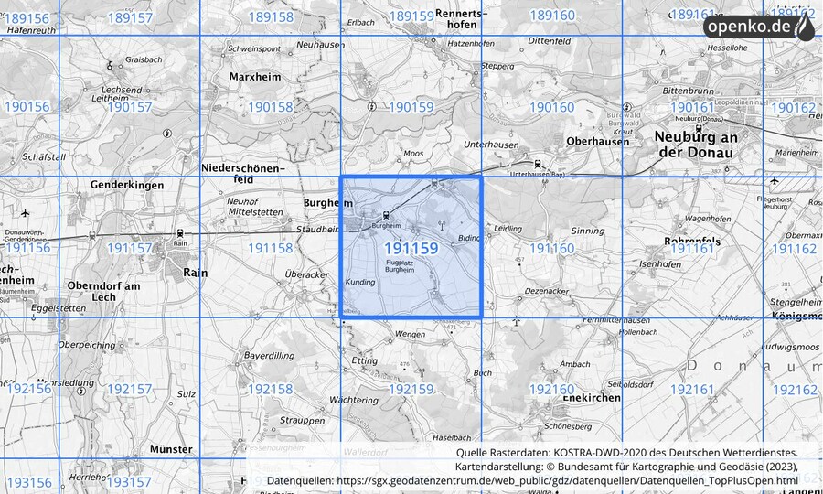 Übersichtskarte des KOSTRA-DWD-2020-Rasterfeldes Nr. 191159