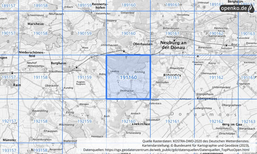 Übersichtskarte des KOSTRA-DWD-2020-Rasterfeldes Nr. 191160