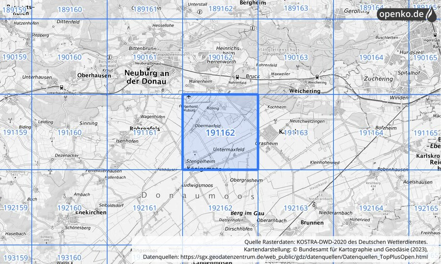 Übersichtskarte des KOSTRA-DWD-2020-Rasterfeldes Nr. 191162