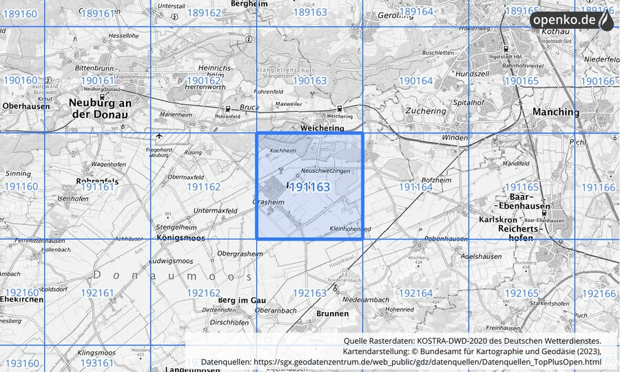 Übersichtskarte des KOSTRA-DWD-2020-Rasterfeldes Nr. 191163