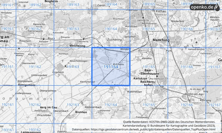 Übersichtskarte des KOSTRA-DWD-2020-Rasterfeldes Nr. 191164