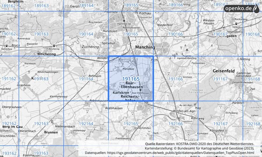 Übersichtskarte des KOSTRA-DWD-2020-Rasterfeldes Nr. 191165