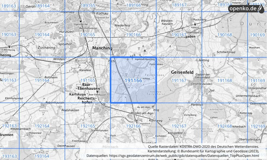 Übersichtskarte des KOSTRA-DWD-2020-Rasterfeldes Nr. 191166