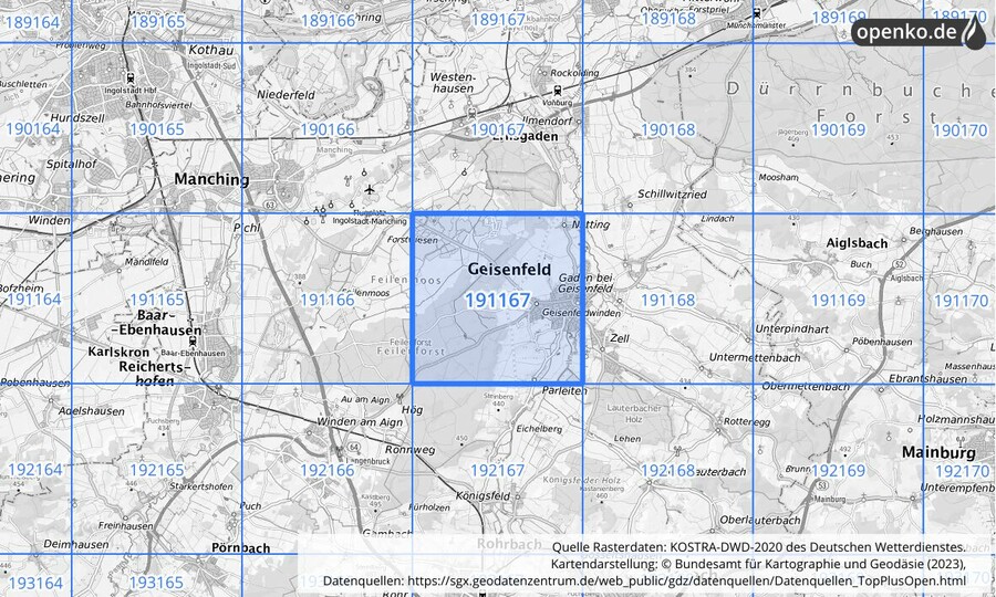 Übersichtskarte des KOSTRA-DWD-2020-Rasterfeldes Nr. 191167