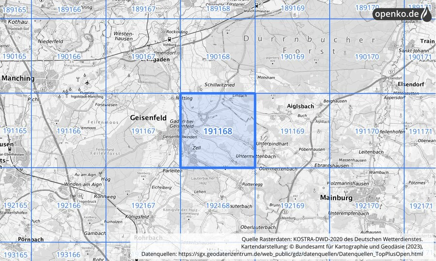 Übersichtskarte des KOSTRA-DWD-2020-Rasterfeldes Nr. 191168