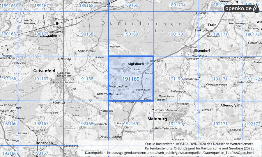Übersichtskarte des KOSTRA-DWD-2020-Rasterfeldes Nr. 191169
