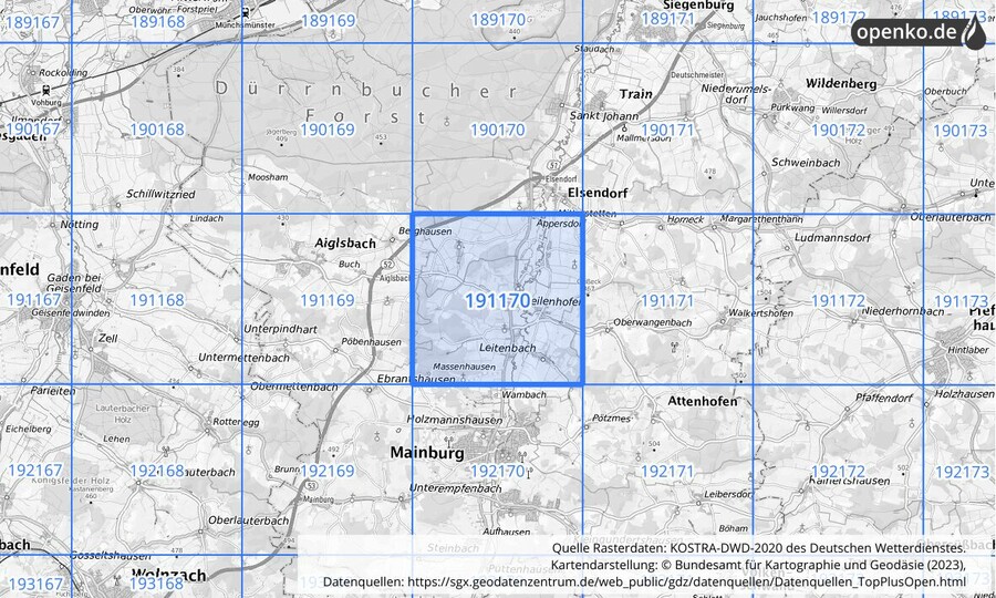Übersichtskarte des KOSTRA-DWD-2020-Rasterfeldes Nr. 191170