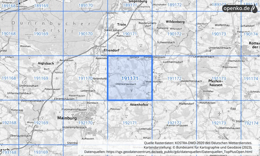 Übersichtskarte des KOSTRA-DWD-2020-Rasterfeldes Nr. 191171
