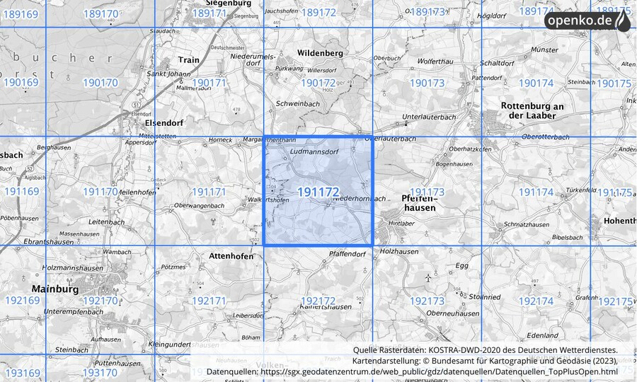 Übersichtskarte des KOSTRA-DWD-2020-Rasterfeldes Nr. 191172