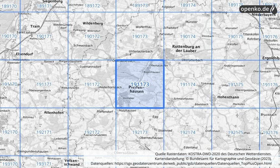 Übersichtskarte des KOSTRA-DWD-2020-Rasterfeldes Nr. 191173